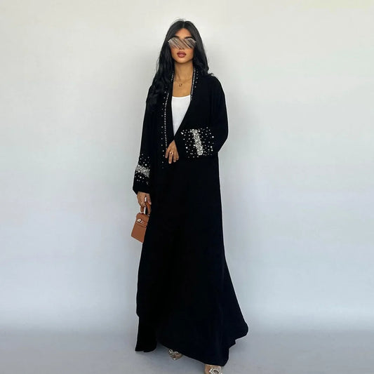 Abaya Noir Strass (avec Echarpe) Noir chez Abaya ma boutique